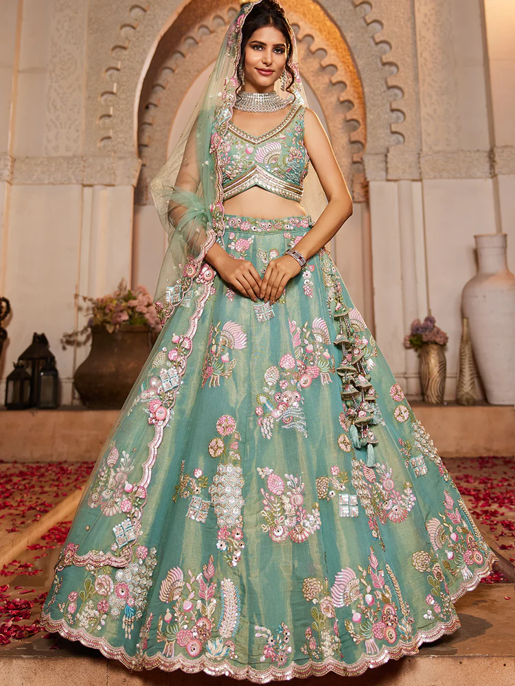 SEAGREEN - Net Fabric Sequinse Embroidery Semi-Stitched Lehenga Choli & Dupatta - Image 2